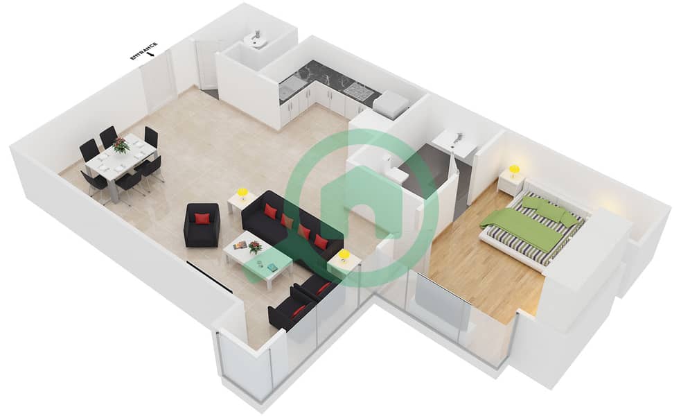 Вест Уорф - Апартамент 1 Спальня планировка Тип C FLOOR 1 interactive3D