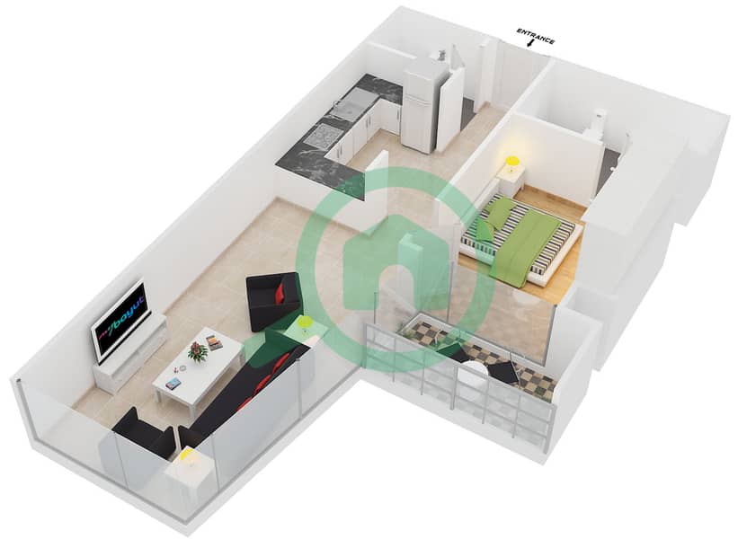 المخططات الطابقية لتصميم النموذج D FLOOR 1 شقة 1 غرفة نوم - ويست وارف interactive3D