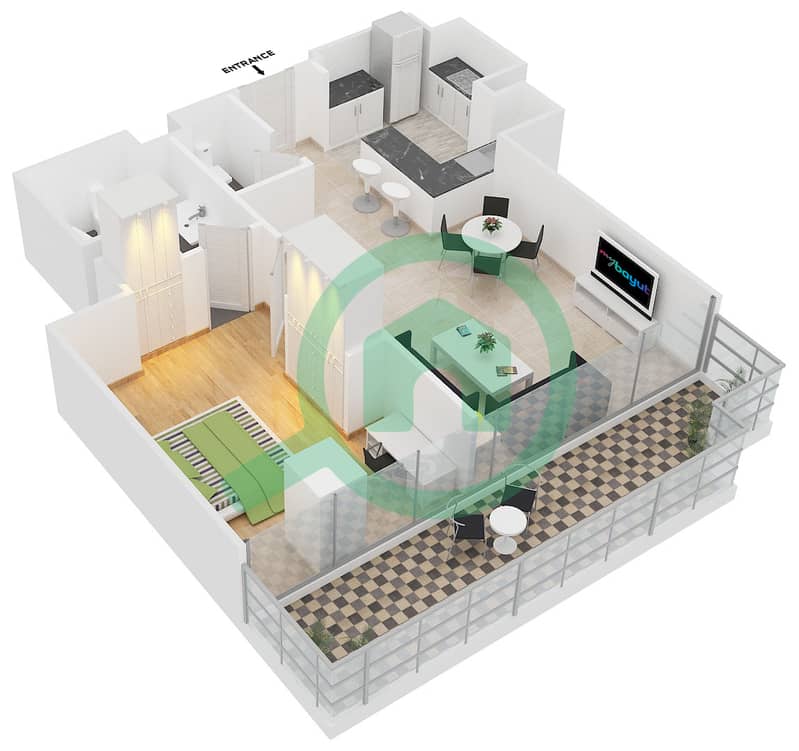 المخططات الطابقية لتصميم النموذج D FLOOR 3-6 شقة 1 غرفة نوم - ويست وارف Floor 3-6 interactive3D