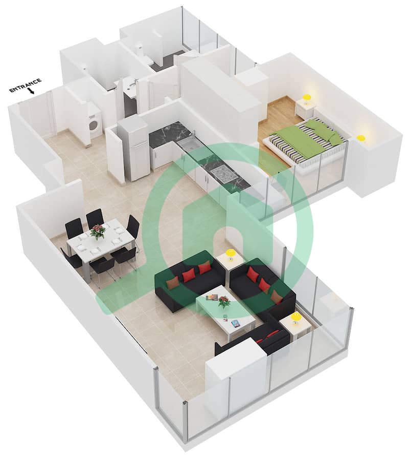 المخططات الطابقية لتصميم النموذج E FLOOR 3-6 شقة 1 غرفة نوم - ويست وارف interactive3D