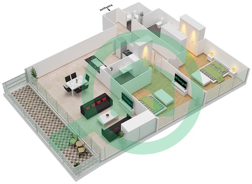 المخططات الطابقية لتصميم النموذج 1A شقة 2 غرفة نوم - بارك غيت ريزيدنسيز image3D