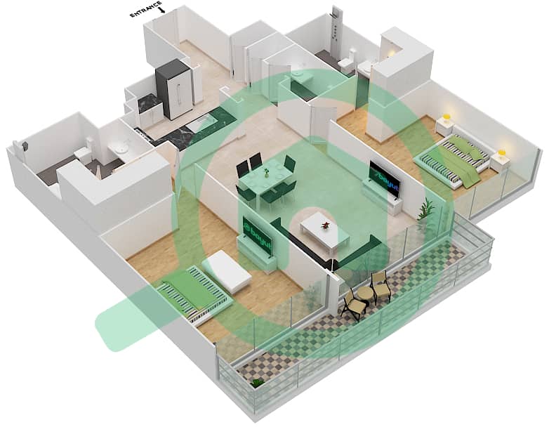 المخططات الطابقية لتصميم النموذج 2A شقة 2 غرفة نوم - بارك غيت ريزيدنسيز image3D
