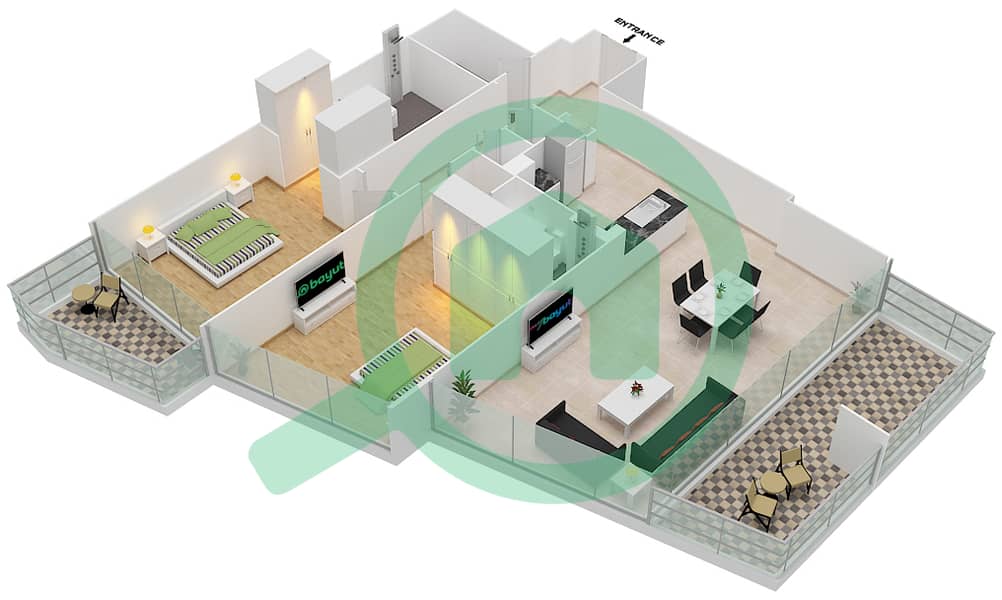 المخططات الطابقية لتصميم النموذج 4A شقة 2 غرفة نوم - بارك غيت ريزيدنسيز image3D