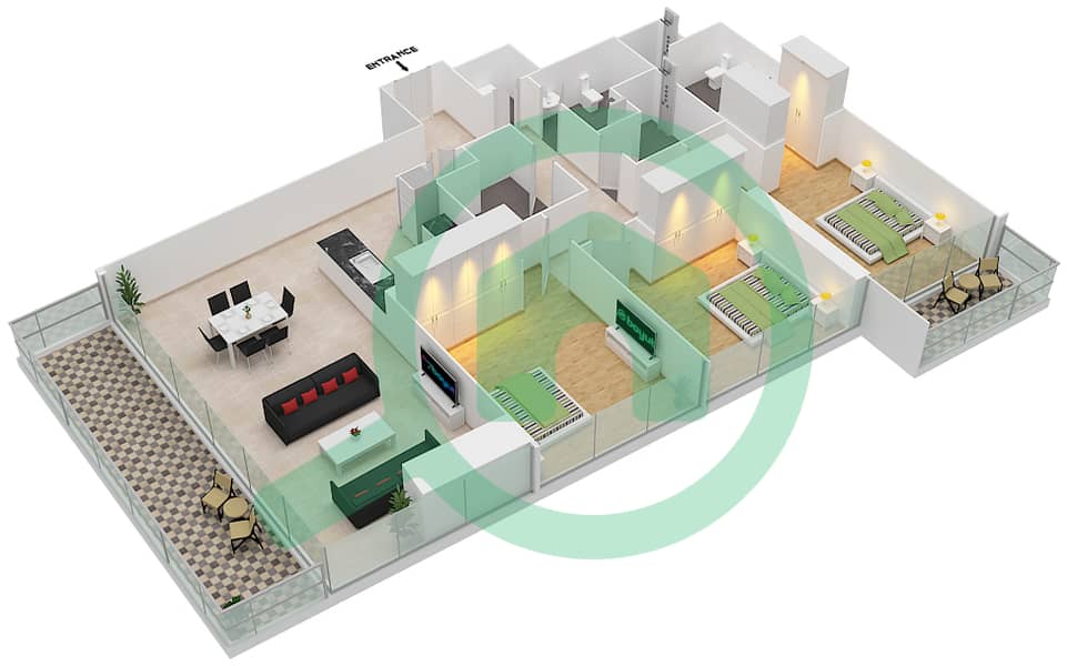 المخططات الطابقية لتصميم النموذج 1A شقة 3 غرف نوم - بارك غيت ريزيدنسيز image3D