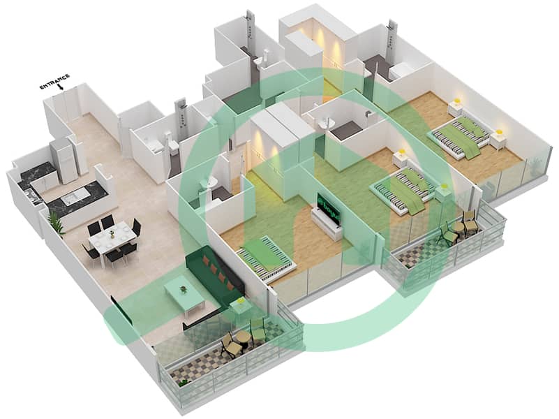 المخططات الطابقية لتصميم النموذج 2A شقة 3 غرف نوم - بارك غيت ريزيدنسيز image3D