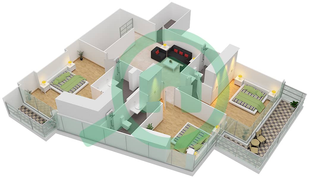 المخططات الطابقية لتصميم النموذج 5 تاون هاوس 3 غرف نوم - بارك غيت ريزيدنسيز Upper Level image3D