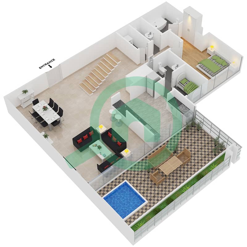 المخططات الطابقية لتصميم النموذج B تاون هاوس 3 غرف نوم - ويست وارف interactive3D