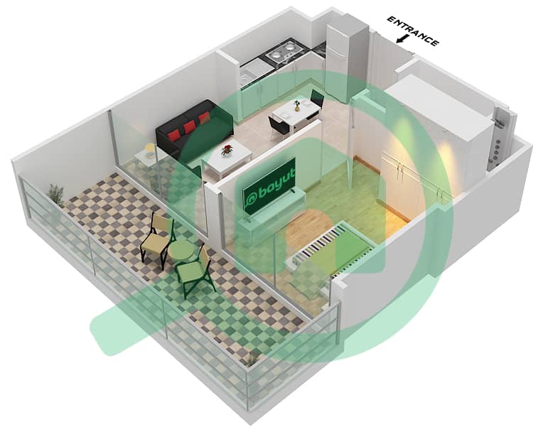 المخططات الطابقية لتصميم الوحدة 1/FLOOR 1-16 شقة 1 غرفة نوم - مساكن ريفا Floor 1-16 interactive3D