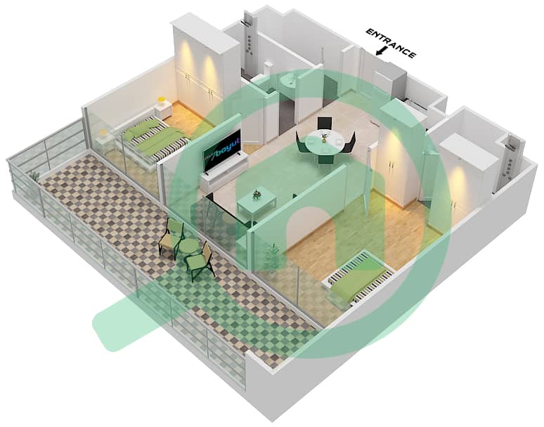 المخططات الطابقية لتصميم الوحدة 4/FLOOR 1-16 شقة 2 غرفة نوم - مساكن ريفا Floor 1-16 interactive3D