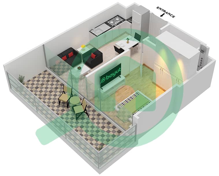 المخططات الطابقية لتصميم الوحدة 12/FLOOR 1-16 شقة 1 غرفة نوم - مساكن ريفا Floor 1-16 interactive3D