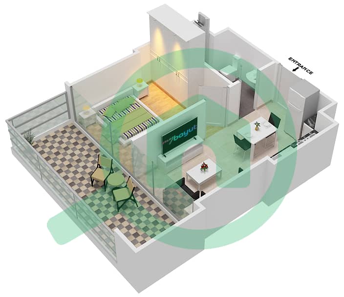 المخططات الطابقية لتصميم الوحدة 13/FLOOR 1-16 شقة 1 غرفة نوم - مساكن ريفا Floor 1-16 interactive3D