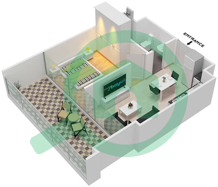 المخططات الطابقية لتصميم الوحدة 15/FLOOR 1-16 شقة 1 غرفة نوم - مساكن ريفا Floor 1-16 interactive3D