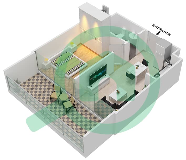 المخططات الطابقية لتصميم الوحدة 20/FLOOR 1-16 شقة 1 غرفة نوم - مساكن ريفا Floor 1-16 interactive3D