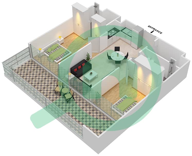 المخططات الطابقية لتصميم الوحدة 23/FLOOR 2-16 شقة 2 غرفة نوم - مساكن ريفا Floor 2-16 interactive3D