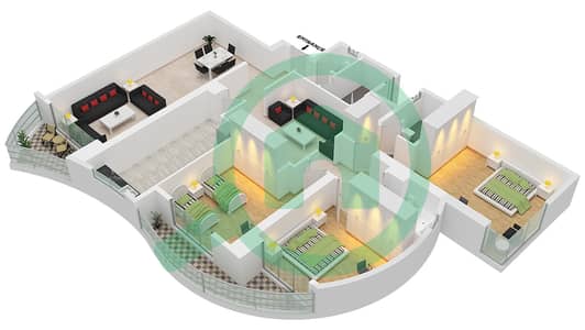 المخططات الطابقية لتصميم الوحدة 3 شقة 3 غرف نوم - برج أساس