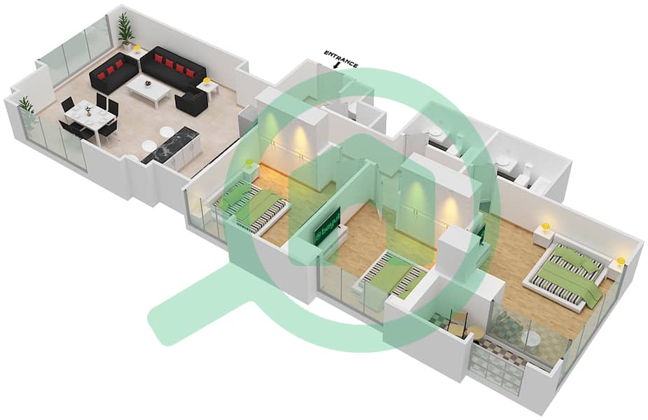 المخططات الطابقية لتصميم الوحدة 2 شقة 3 غرف نوم - فندق كوزموبوليتان interactive3D