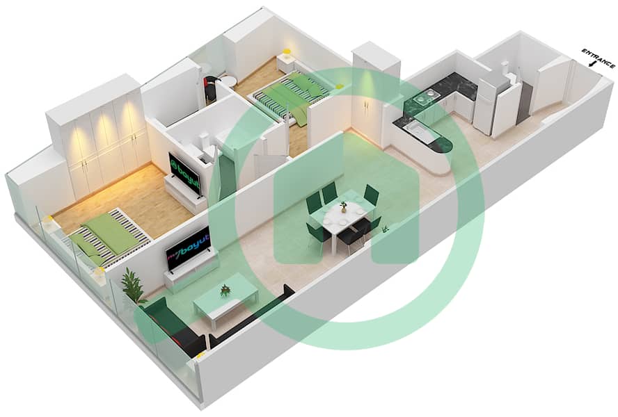 المخططات الطابقية لتصميم الوحدة 5 شقة 2 غرفة نوم - فندق كوزموبوليتان interactive3D