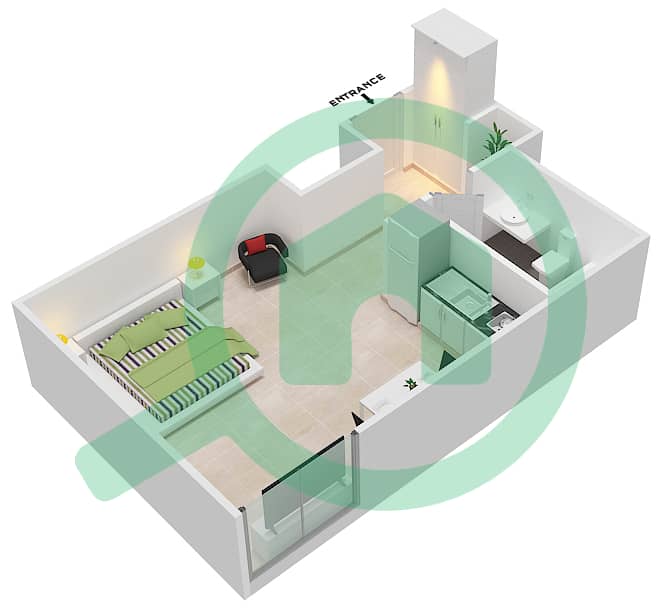 المخططات الطابقية لتصميم الوحدة 6 شقة استوديو - فندق كوزموبوليتان interactive3D