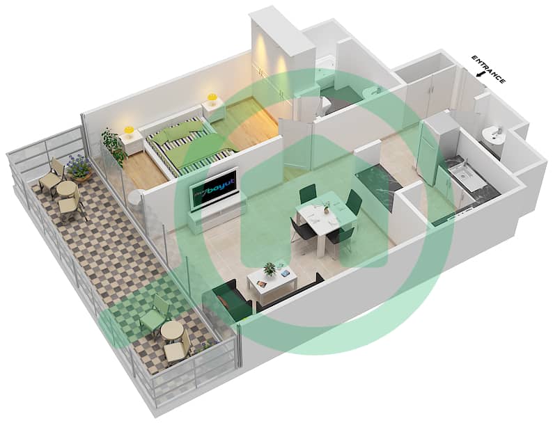 绿洲大厦 - 1 卧室公寓类型B戶型图 interactive3D