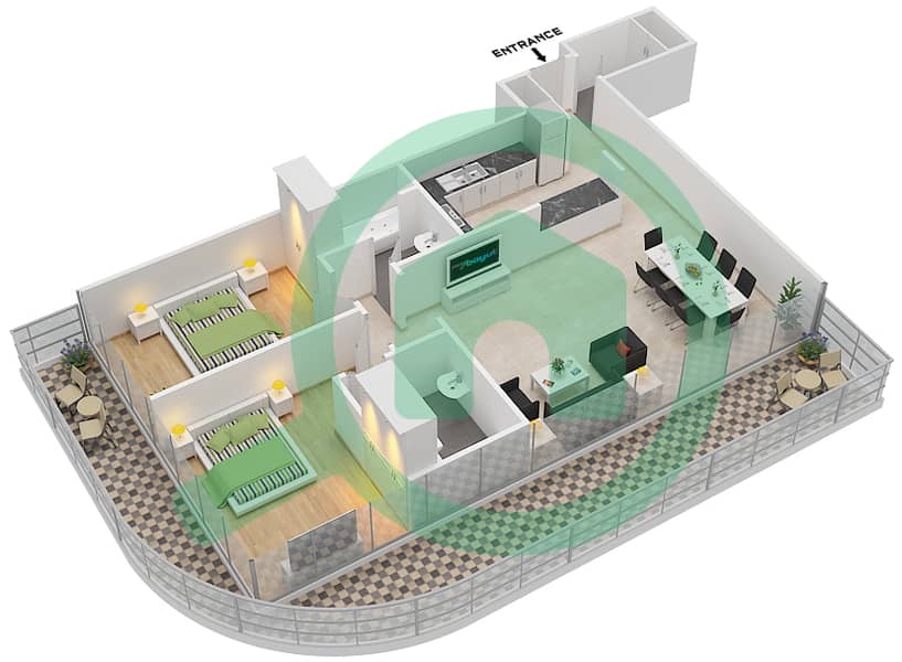المخططات الطابقية لتصميم النموذج A شقة 2 غرفة نوم - برج الواحة interactive3D