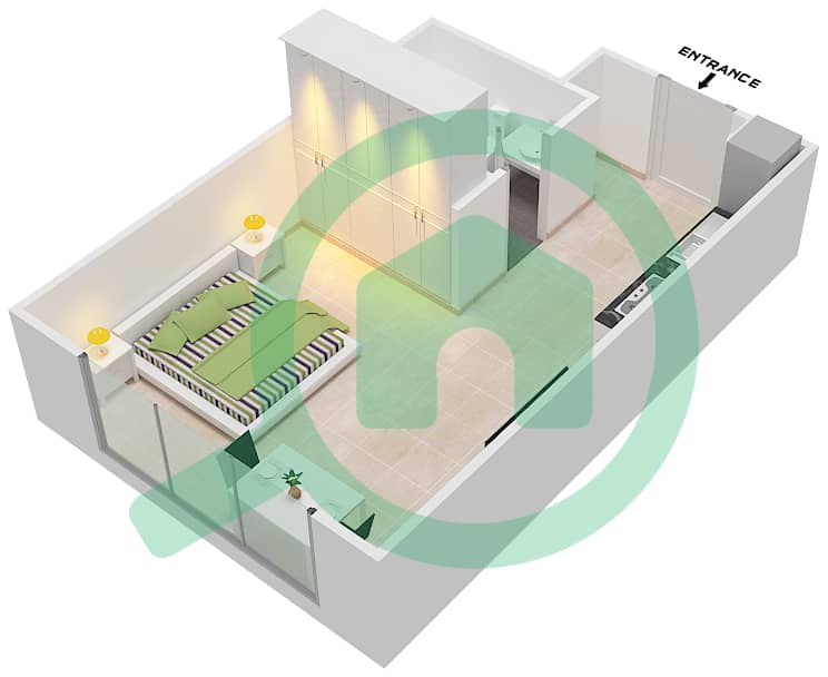 المخططات الطابقية لتصميم الوحدة 8 شقة استوديو - فندق كوزموبوليتان interactive3D