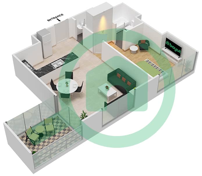 المخططات الطابقية لتصميم الوحدة 9 شقة 1 غرفة نوم - فندق كوزموبوليتان interactive3D