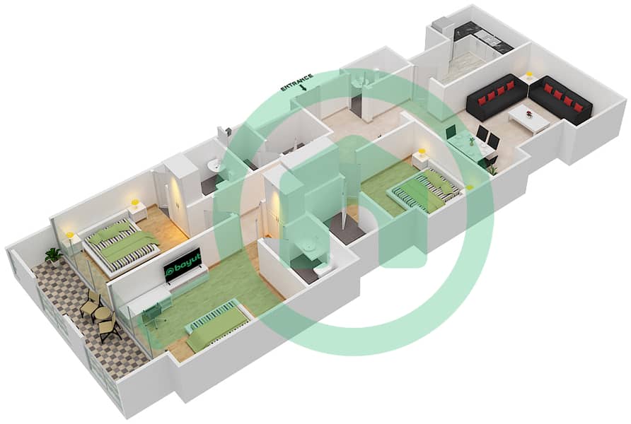 大都会酒店 - 3 卧室公寓单位10戶型图 interactive3D