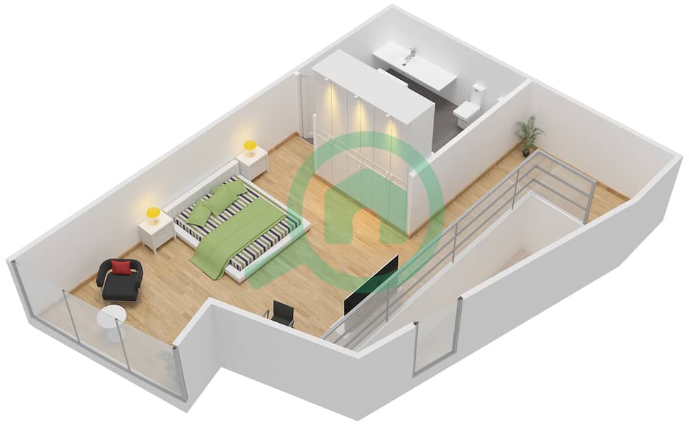 المخططات الطابقية لتصميم الوحدة D شقة 1 غرفة نوم - فندق أسكوت بارك بلايس دبي interactive3D