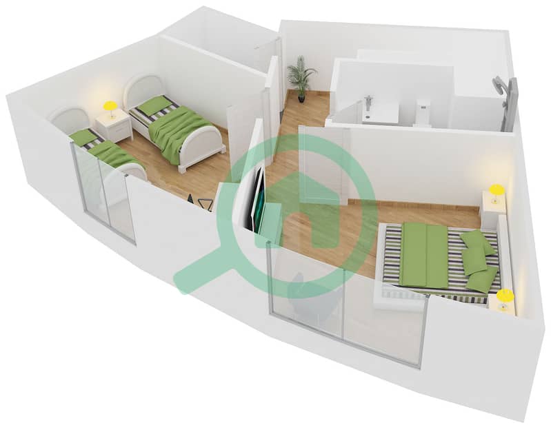 المخططات الطابقية لتصميم الوحدة E شقة 2 غرفة نوم - فندق أسكوت بارك بلايس دبي interactive3D