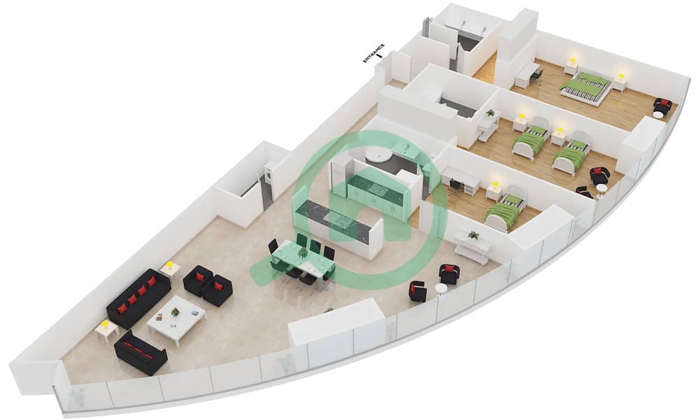 Аскотт Парк Плейс Дубай - Апартамент 3 Cпальни планировка Единица измерения B interactive3D