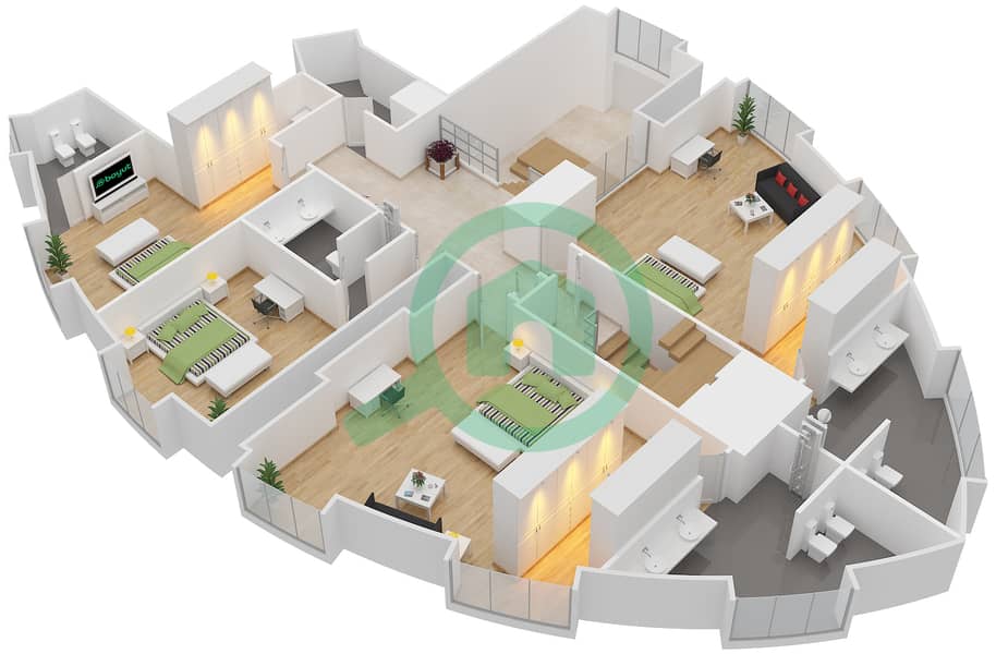 迪拜雅诗阁公园广场 - 4 卧室公寓单位T戶型图 interactive3D