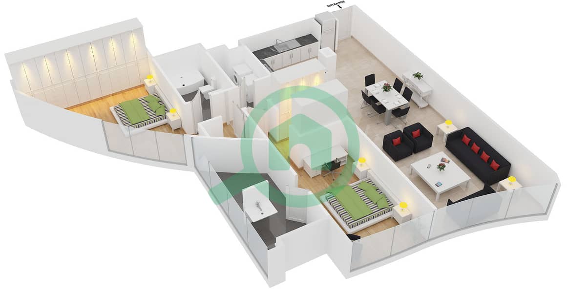 Ascott Park Place Dubai - 2 Bedroom Apartment Unit G Floor plan interactive3D