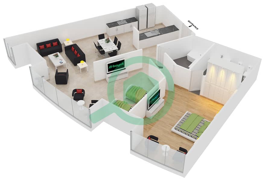 المخططات الطابقية لتصميم الوحدة C شقة 2 غرفة نوم - فندق أسكوت بارك بلايس دبي interactive3D