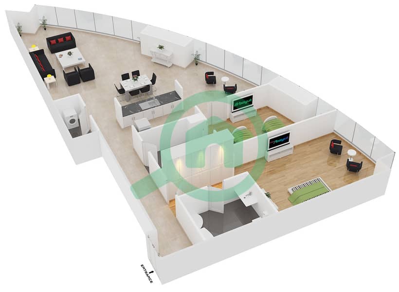 المخططات الطابقية لتصميم الوحدة A شقة 2 غرفة نوم - فندق أسكوت بارك بلايس دبي interactive3D