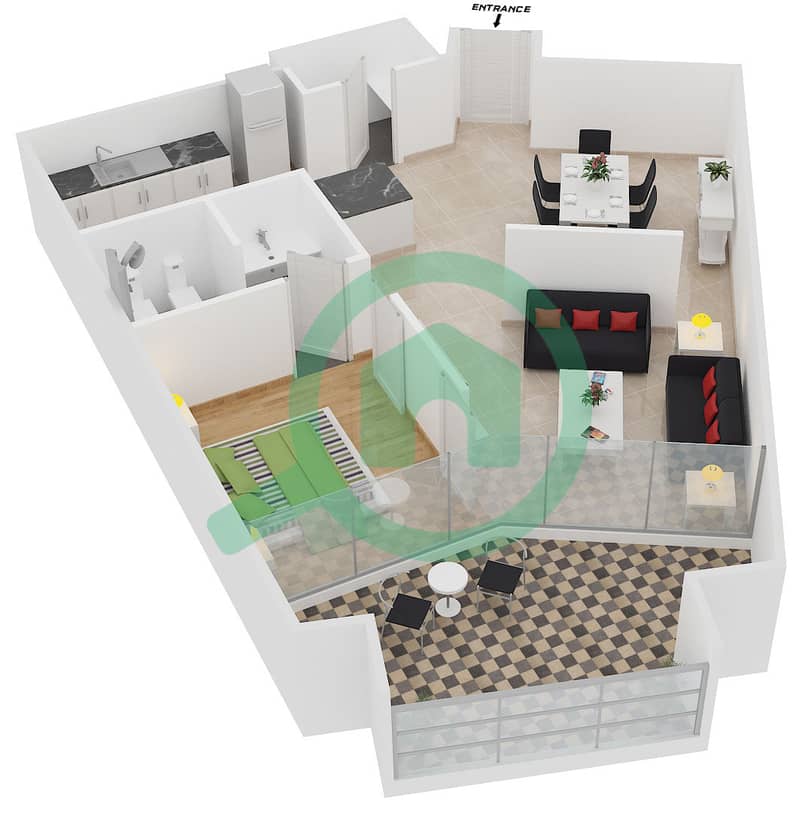 Аскотт Парк Плейс Дубай - Апартамент 1 Спальня планировка Единица измерения I interactive3D