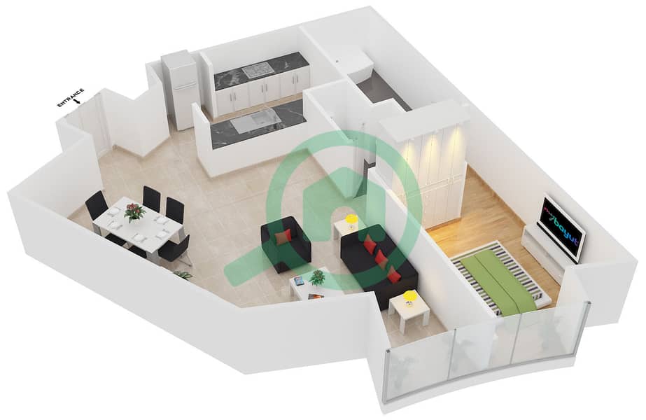 Ascott Park Place Dubai - 1 Bedroom Apartment Unit H Floor plan interactive3D