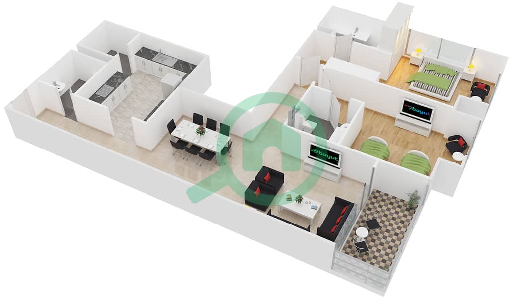 Дуджа Тауэр - Апартамент 2 Cпальни планировка Тип 2 interactive3D