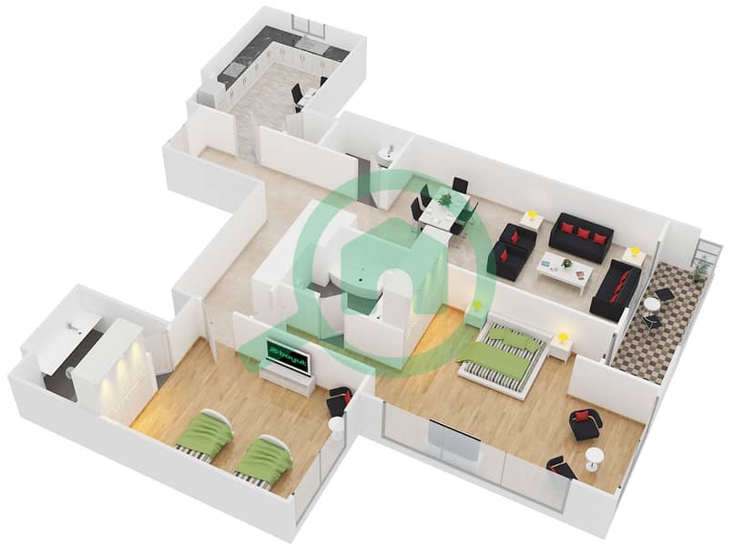 Дуджа Тауэр - Апартамент 2 Cпальни планировка Тип 3 interactive3D