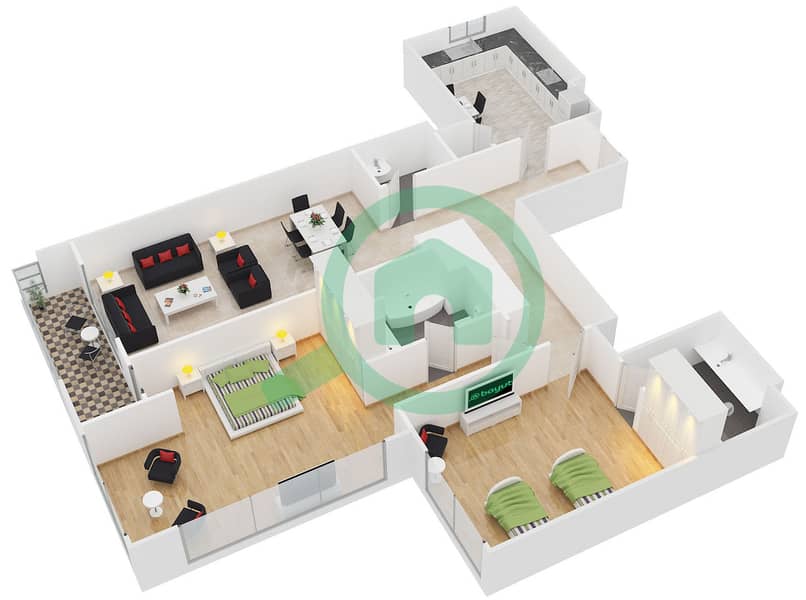 Дуджа Тауэр - Апартамент 2 Cпальни планировка Тип 6 interactive3D