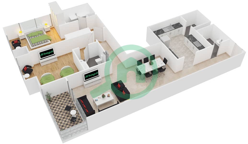 المخططات الطابقية لتصميم النموذج 7 شقة 2 غرفة نوم - برج دجى interactive3D