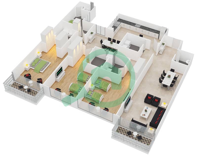 杜雅大厦 - 3 卧室公寓类型1戶型图 interactive3D