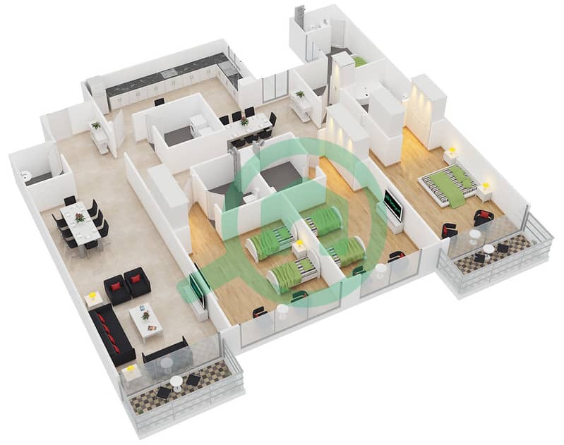 Дуджа Тауэр - Апартамент 3 Cпальни планировка Тип 8 interactive3D