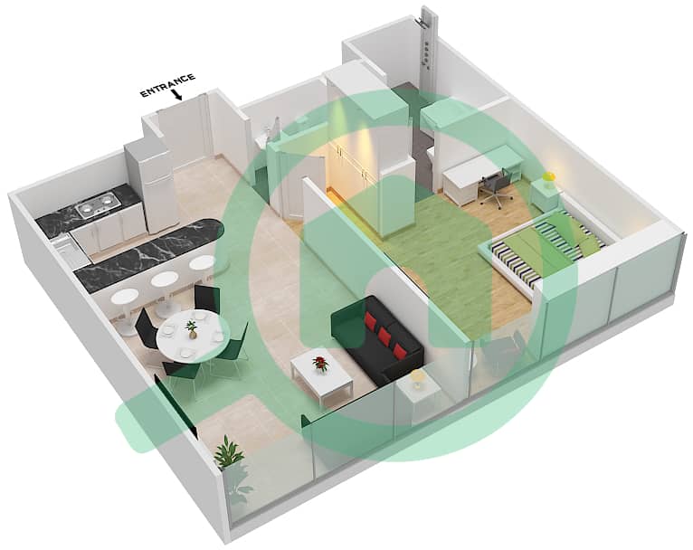 المخططات الطابقية لتصميم الوحدة 17 شقة 1 غرفة نوم - فندق كوزموبوليتان interactive3D