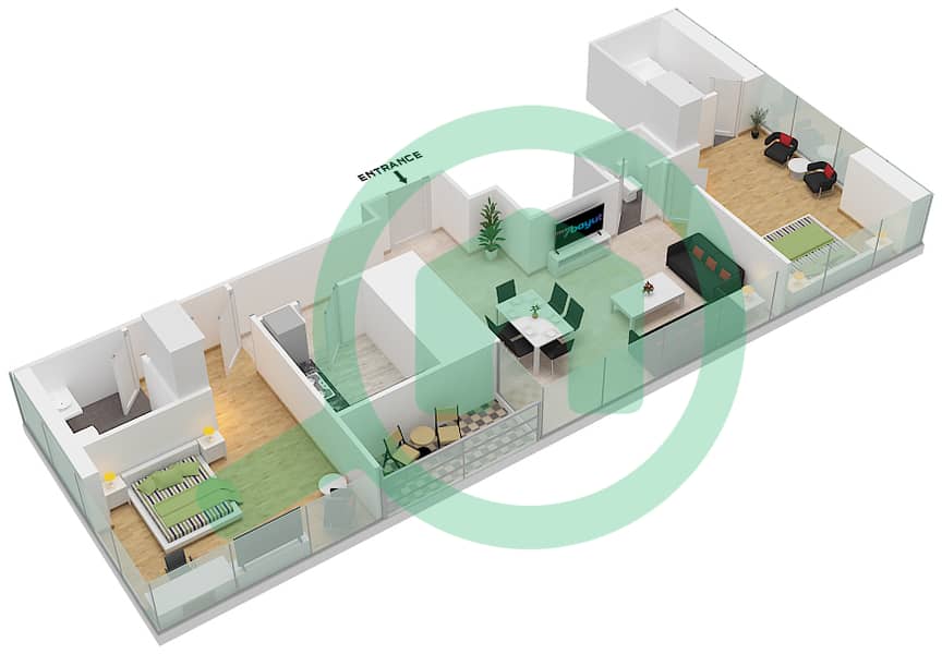 المخططات الطابقية لتصميم الوحدة 18 شقة 2 غرفة نوم - فندق كوزموبوليتان interactive3D