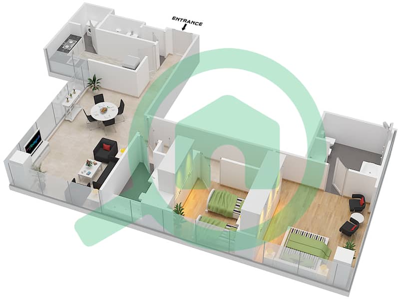 المخططات الطابقية لتصميم النموذج 1 شقة 2 غرفة نوم - برج رولكس interactive3D