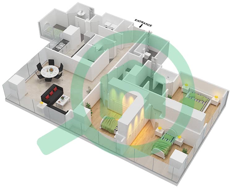 劳力士大厦 - 3 卧室公寓类型3戶型图 interactive3D