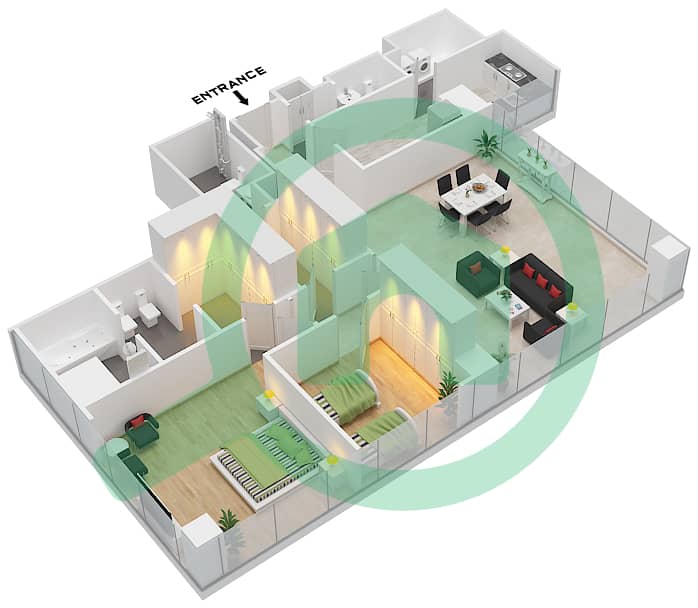 المخططات الطابقية لتصميم النموذج 2A شقة 2 غرفة نوم - برج رولكس interactive3D