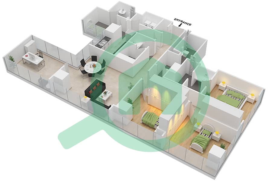 劳力士大厦 - 3 卧室公寓类型3A戶型图 interactive3D