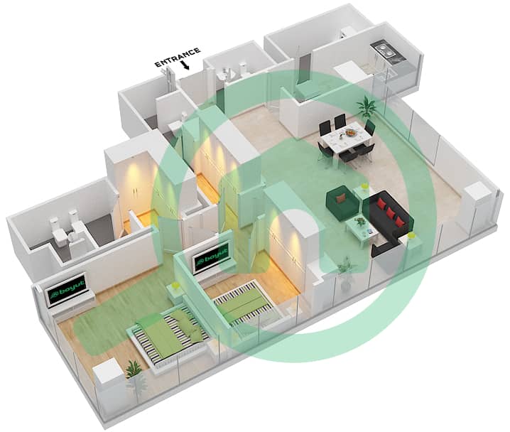 Ролекс Тауэр - Апартамент 2 Cпальни планировка Тип 1B interactive3D
