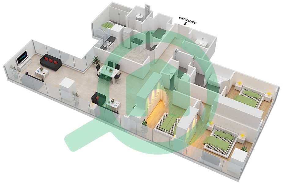 Ролекс Тауэр - Апартамент 3 Cпальни планировка Тип 2B interactive3D